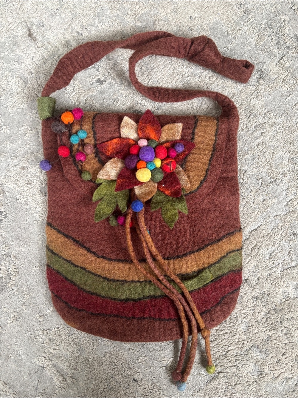 Handcrafted Brown Felt Floral Appliqué Crossbody Bag